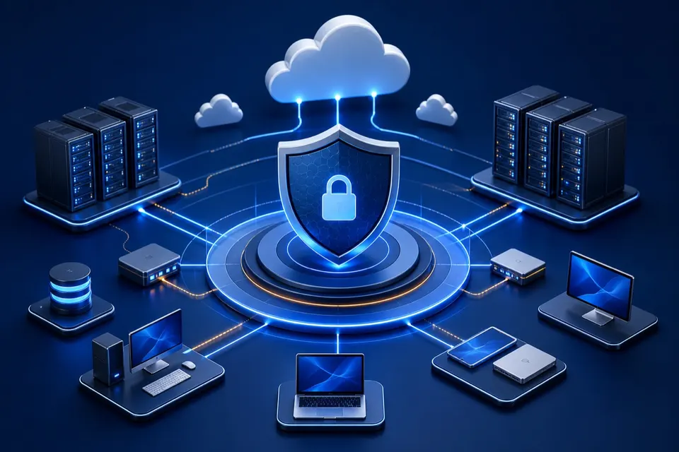 Visual conceptual de infraestructura, nube, servidores y seguridad