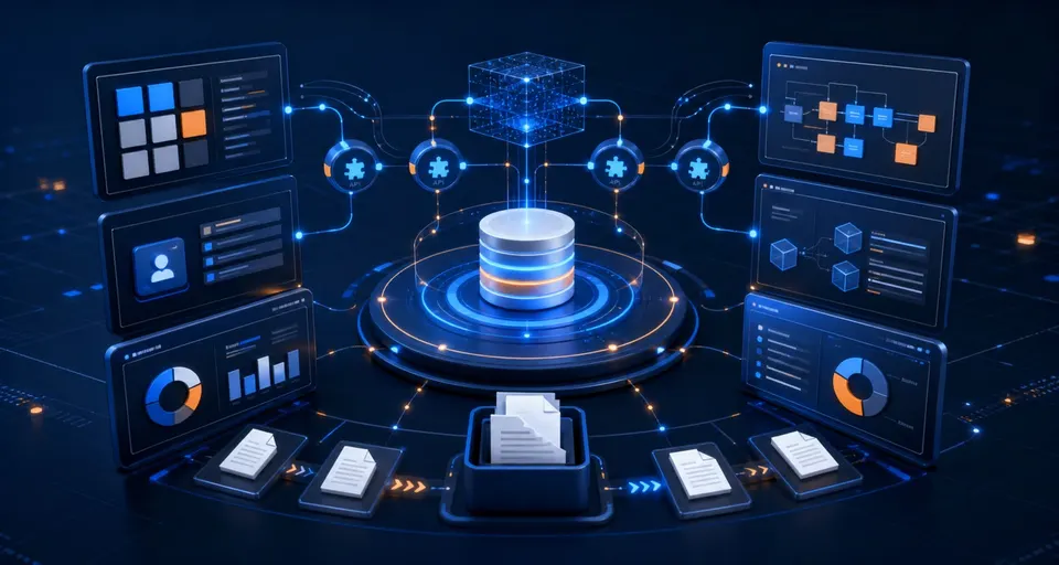 Visual conceptual de dashboards, datos y conexiones empresariales