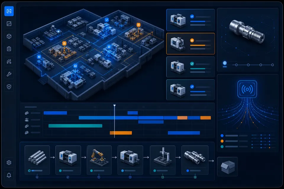 Visual conceptual de un dashboard MES y una operación industrial